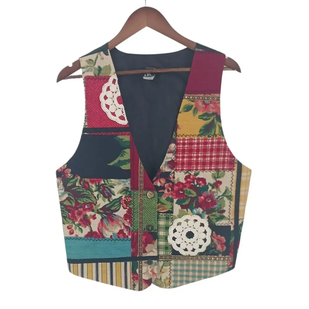 Vintage Ali Miles Art To Wear Button Front Patchwork Print Grandma Vest Sz Large